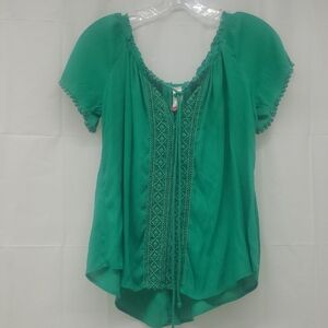 Peasant Blouse Tunic Top Green Lace Trim V Neck Short Sleeve Bohemian